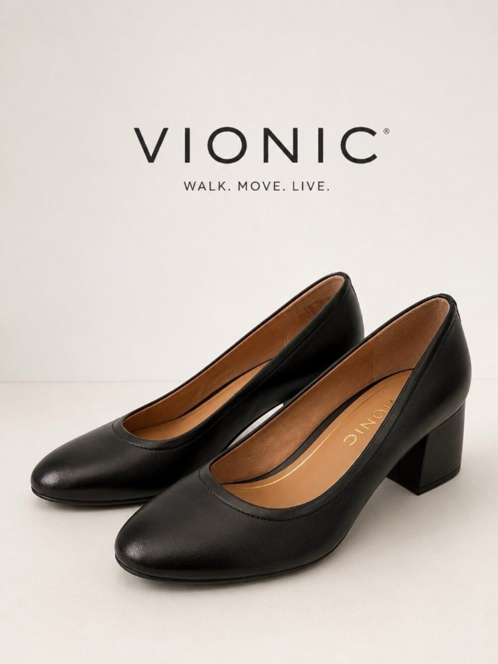 Vionic Carmel Pump Women's 10M NWOB Black Nappa Leather Block Heel Orthotic